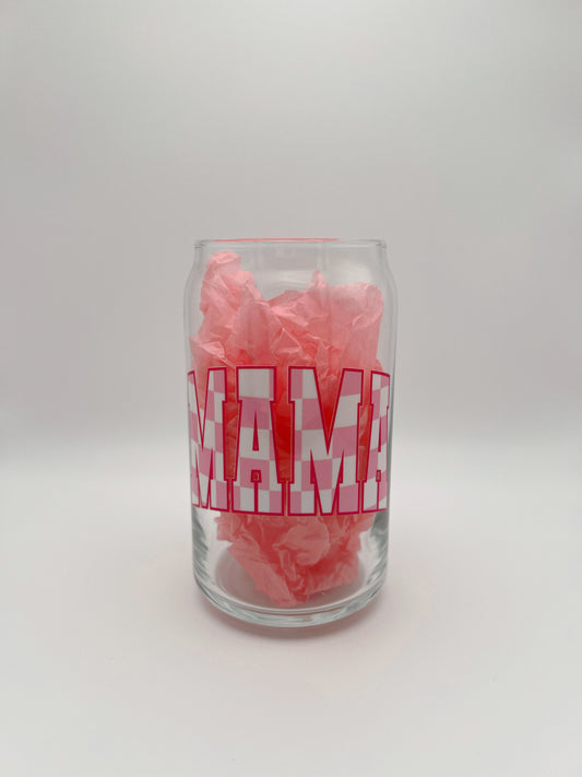 Pink Checkered Mama 16oz Glass Can