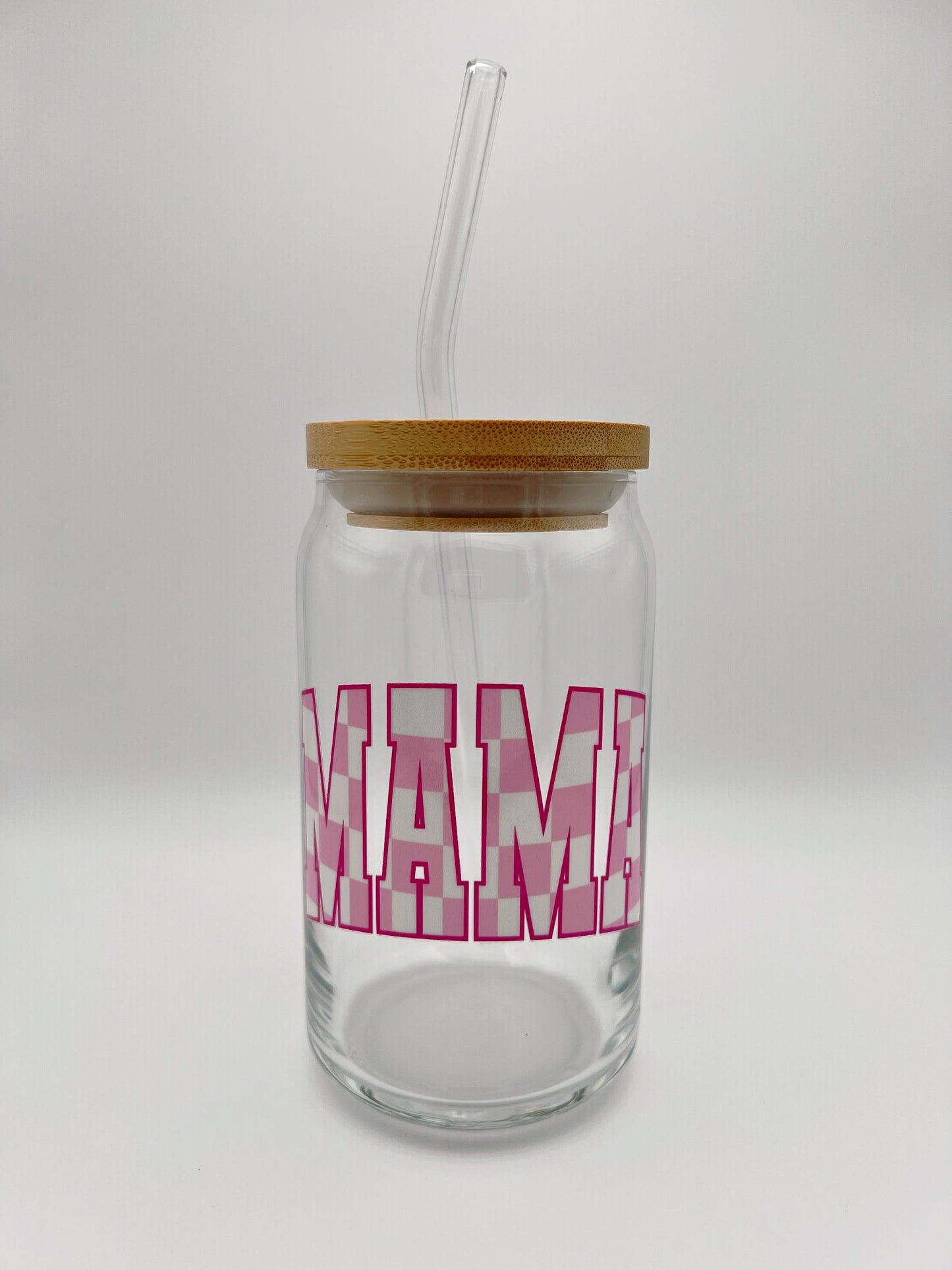 Pink Checkered Mama 16oz Glass Can