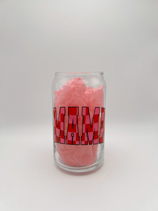 Pink & Red Checkered Mama 16oz Glass Can